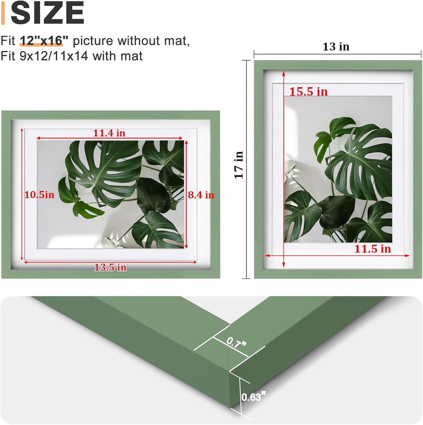 Egofine 12x16 Picture Frame Black, Covered by Plexiglass Made of Solid Wood, Display Pictures 9x12 and 11x14 with Mat or 12x16 Without Mat, for Wall Mounting Photo Frame - Colors A