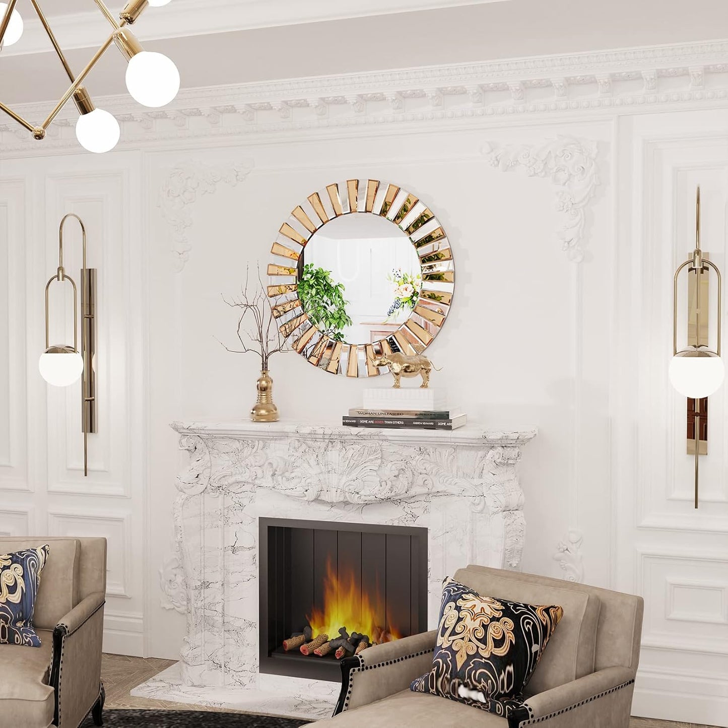 Round Wall Mirror Decorative Sunburst Silver-Brown Crystal Edge 32 inch