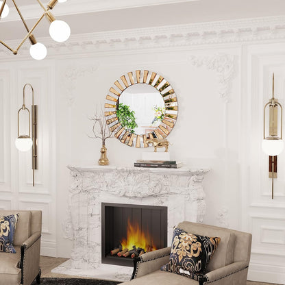 Round Wall Mirror Decorative Sunburst Silver-Brown Crystal Edge 32 inch