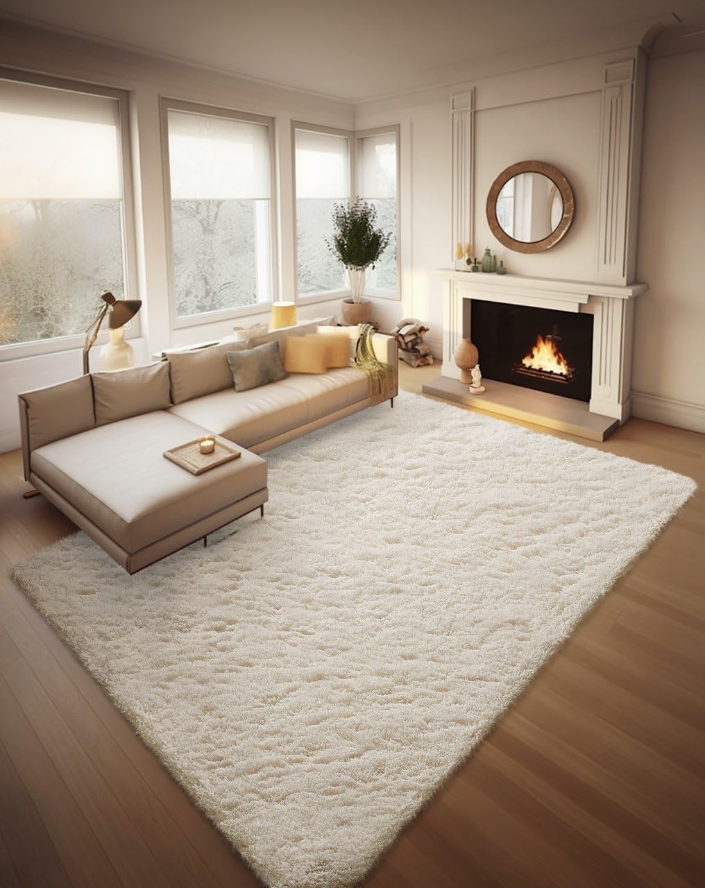 Ophanie Round Rugs 5Ft Ivory Circle Area Rug, Nursery Room Decor, Christmas Aesthetic Bedroom Home Circular Carpet 5 Foot, Fluffy Fuzzy Shag Plush Cream Living Room Rugs for Kids Boys Girls Teen Baby