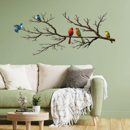 Metal Birds Wall Art, Metal Vivid Birds on Branch Silhouette Wall Decor Black Leaves with Bird Outdoor Hanging Wall Sculpture for Home Balcony Garden(Large)