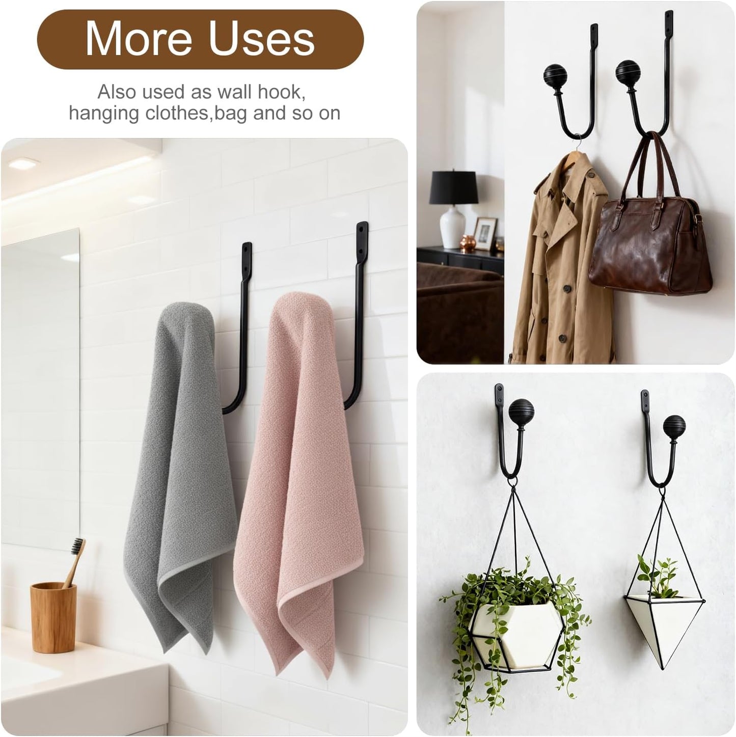 Curtain Holdbacks, 4pcs Curtains Holder Wall Mounted Drapery Tiebacks Retro Window Hook for Home Decor, Matte Black