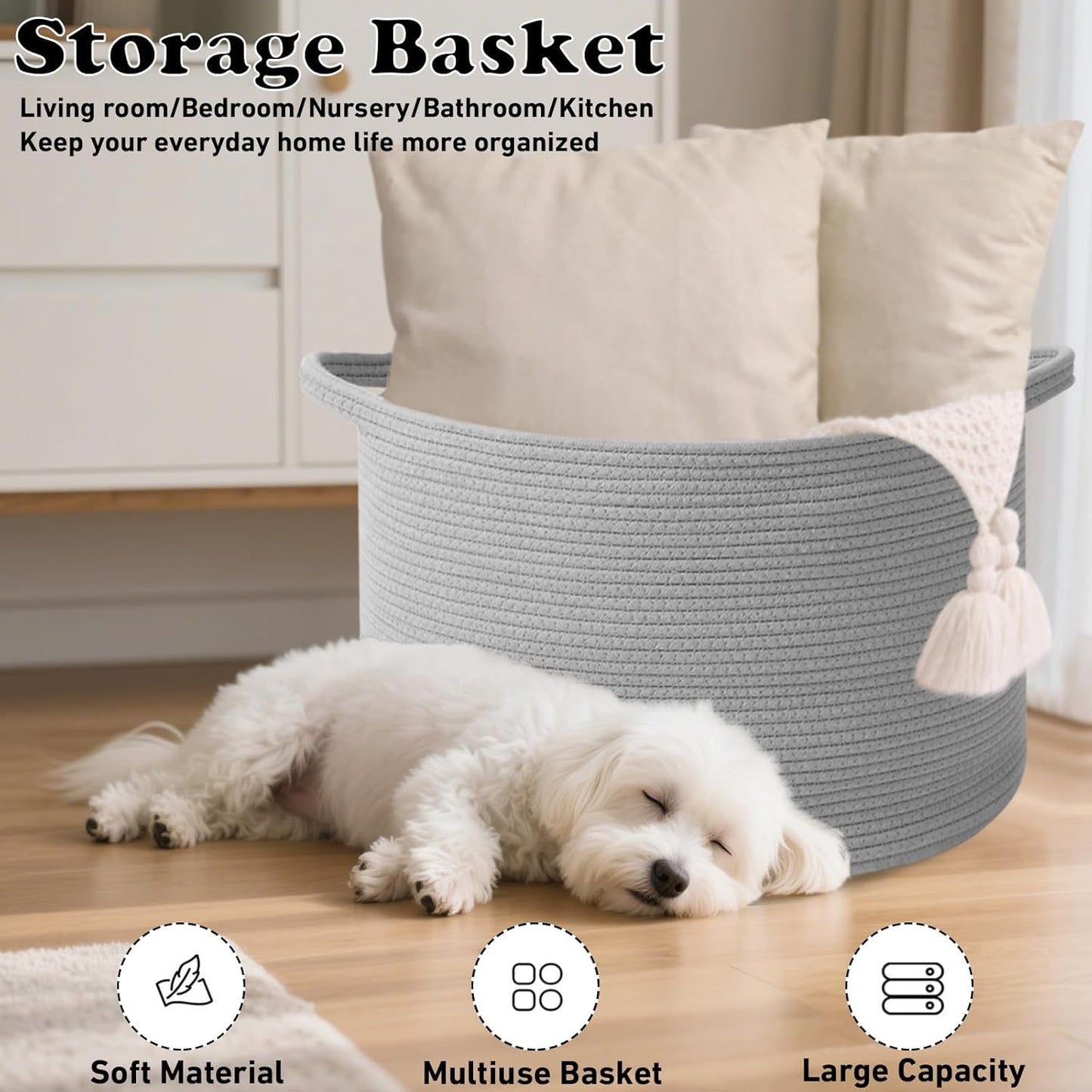 Large Woven Blanket Basket,65L Cotton Rope Laundry Basket Hamper with Handles, Decorative Nursery Basket Storage Bin for Toys, Clothes Organizer, Living Room, Bedroom, Bathroom, White & Brown