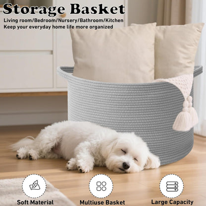 Large Woven Blanket Basket,65L Cotton Rope Laundry Basket Hamper with Handles, Decorative Nursery Basket Storage Bin for Toys, Clothes Organizer, Living Room, Bedroom, Bathroom, White & Brown