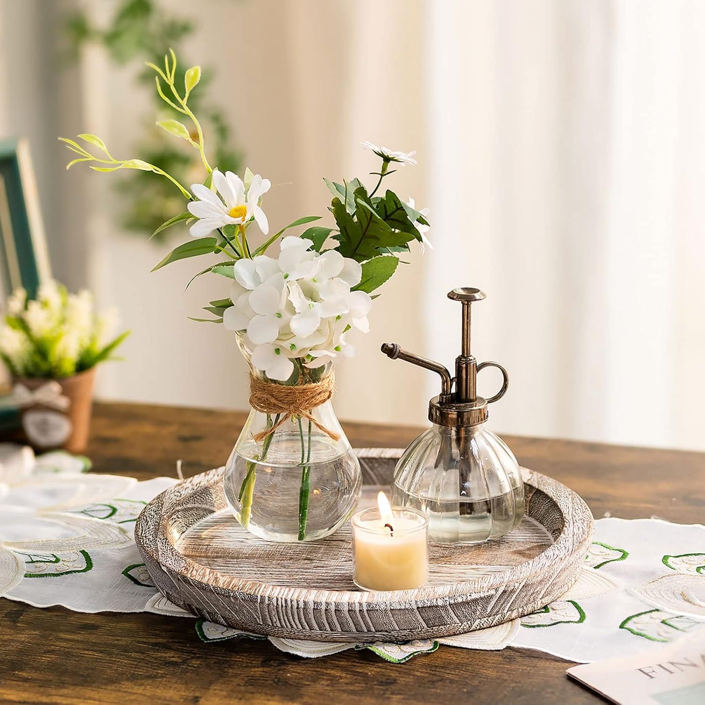 Romadedi Rustic Wooden Tray Candle Holder - Round Wood Decorative Pillar Candle Tray for Coffee Table Farmhouse Kitchen Countertop Organizer Home Decor Wedding Centerpiece, Distressed White