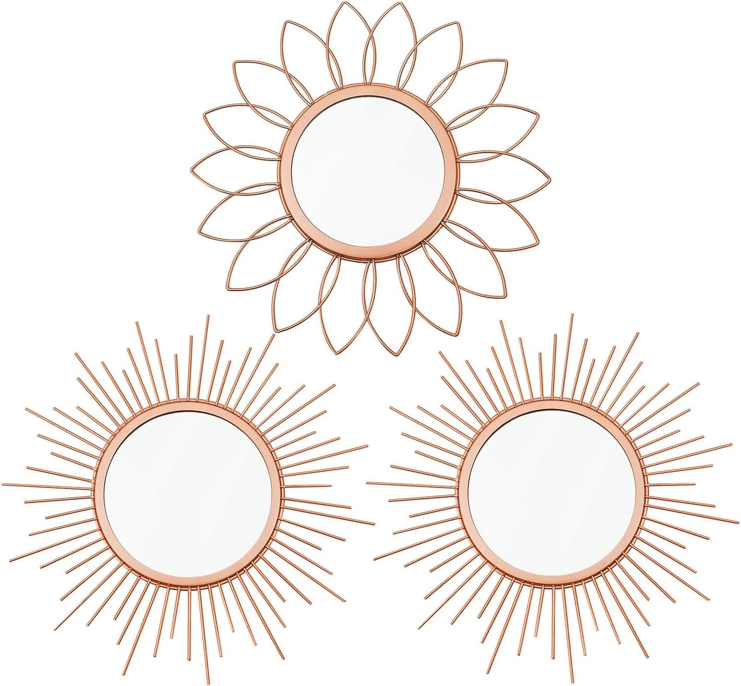 3 Pack Metal Mirrors for Wall Sunburst Wall Mirrors Home Décor Decorative Hanging Wall Art for Living Room Bedroom Entryway (Gold, Flower+Sunburst)