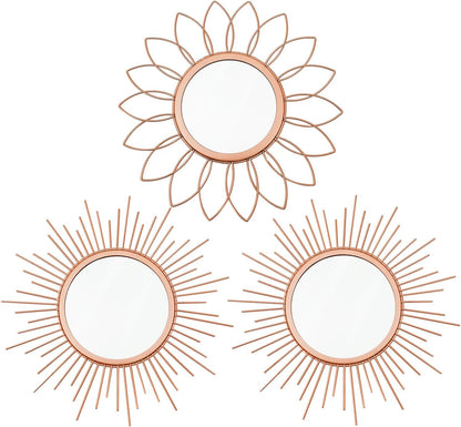 3 Pack Metal Mirrors for Wall Sunburst Wall Mirrors Home Décor Decorative Hanging Wall Art for Living Room Bedroom Entryway (Gold, Flower+Sunburst)
