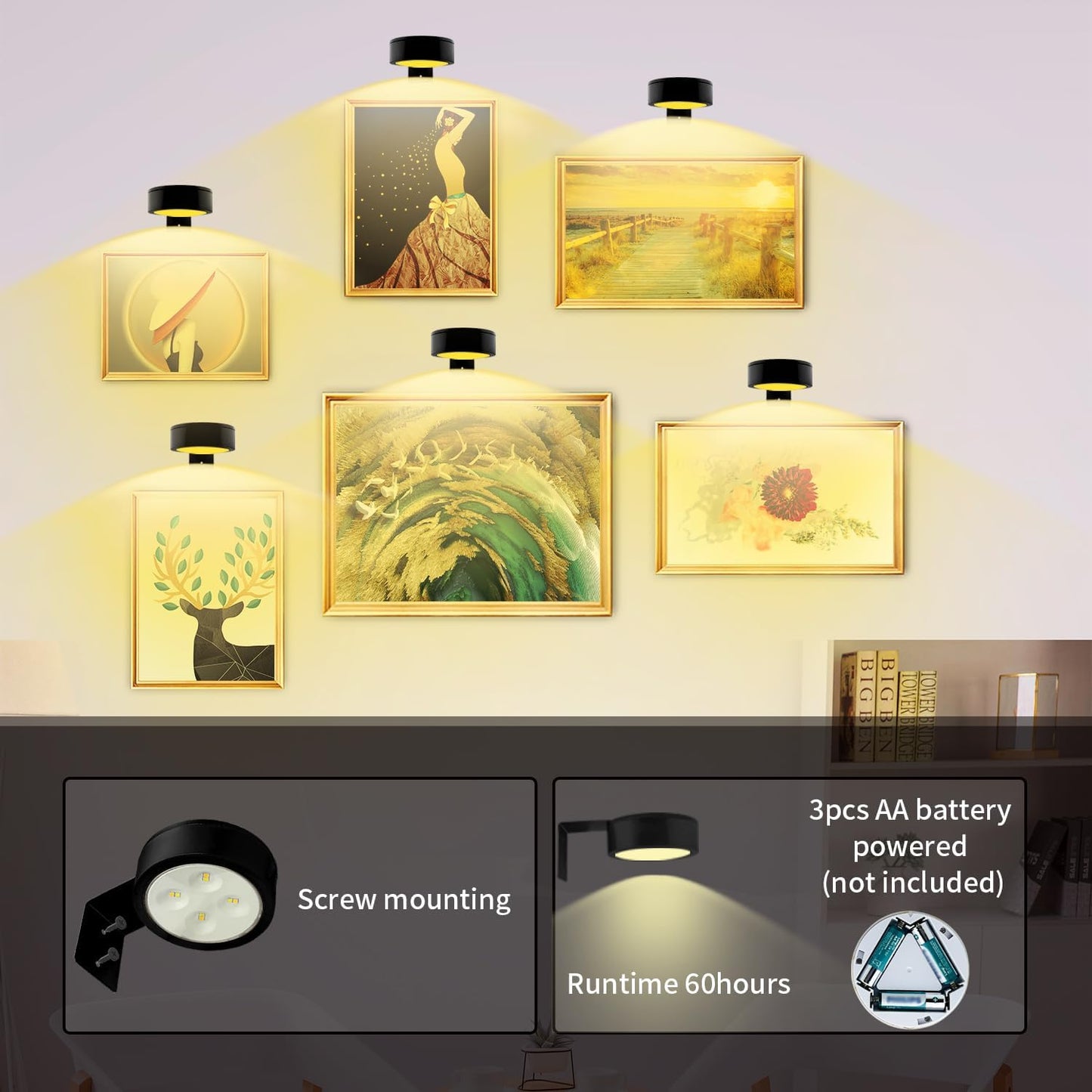 Arixinks 3PACK Picture Light Battery Operated with Remote, Painting Light for Wall Art with 3 Lighting Colors Dimmable, LED Art Display Accent Light on Wall for Poster Dartboard Frame Portrait Black