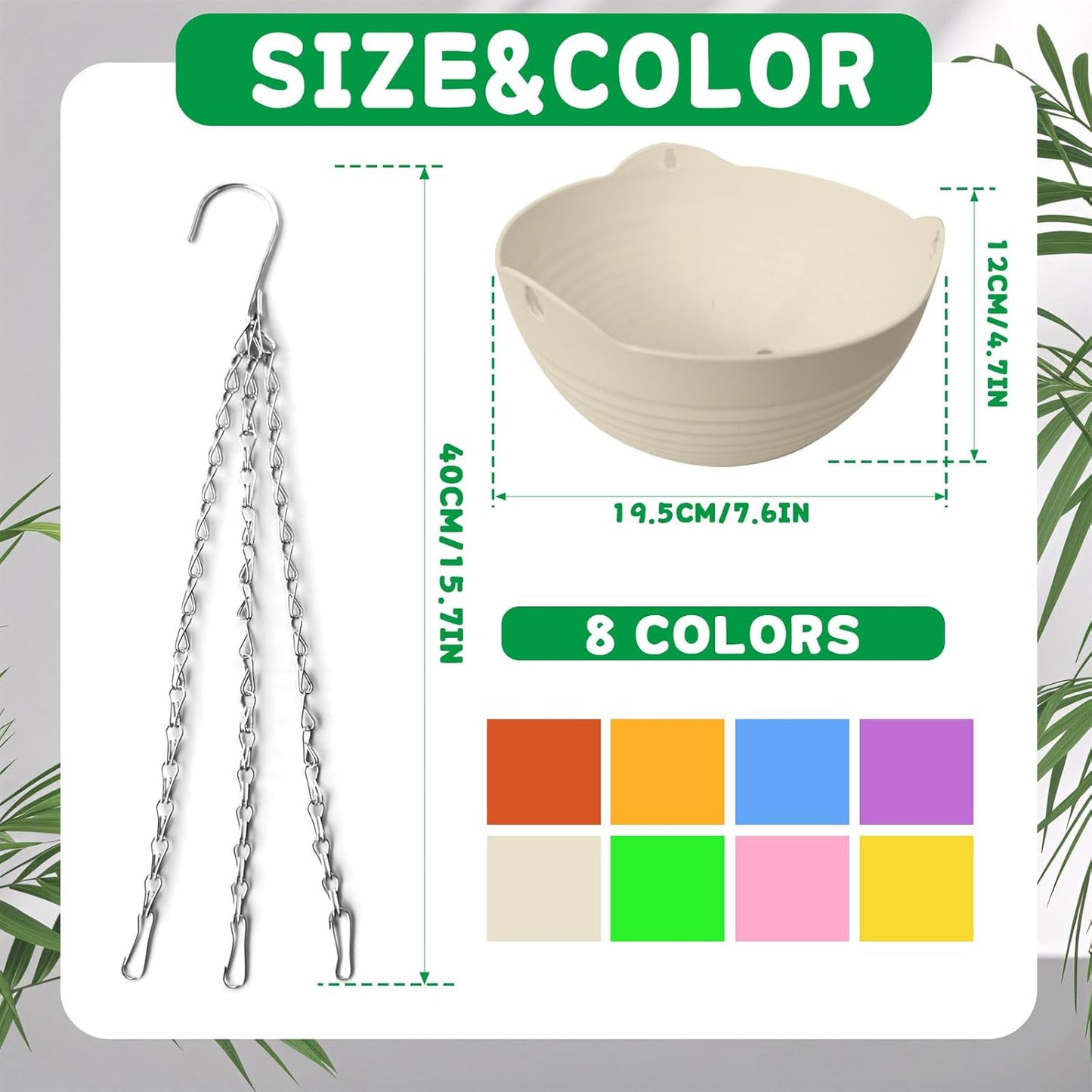 Srmayyi 4 Pack 8 inch Plastic Self Watering Hanging Planters,Round Hanging Basket Planter with Drainer and Metal Chain,White Garden Flower Plant Pot Container for Indoor Outdoor Plants