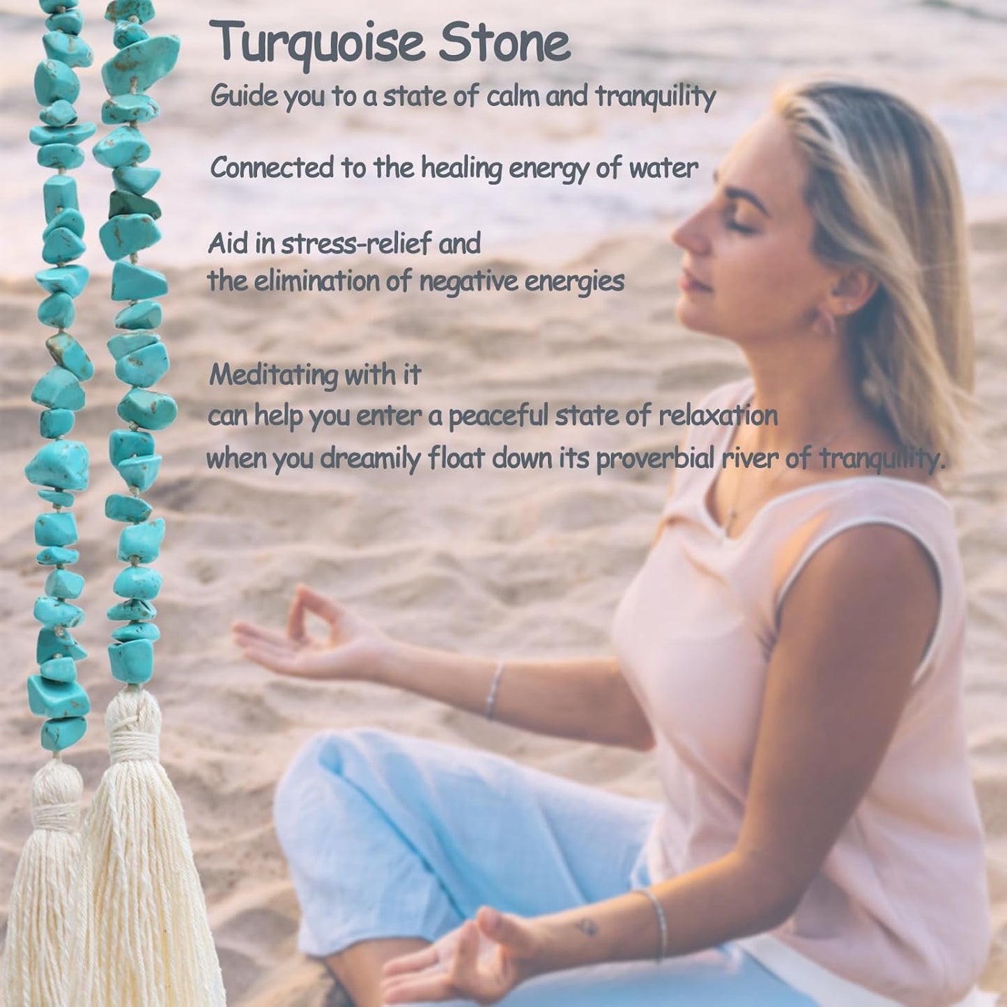 Gemstone Bead Garland with Tassel,31inch Farmhouse Rustic Country Table Decor Prayer Healing Beads Boho Wall Shelf Hanging Decoration (Turquoise Ball)