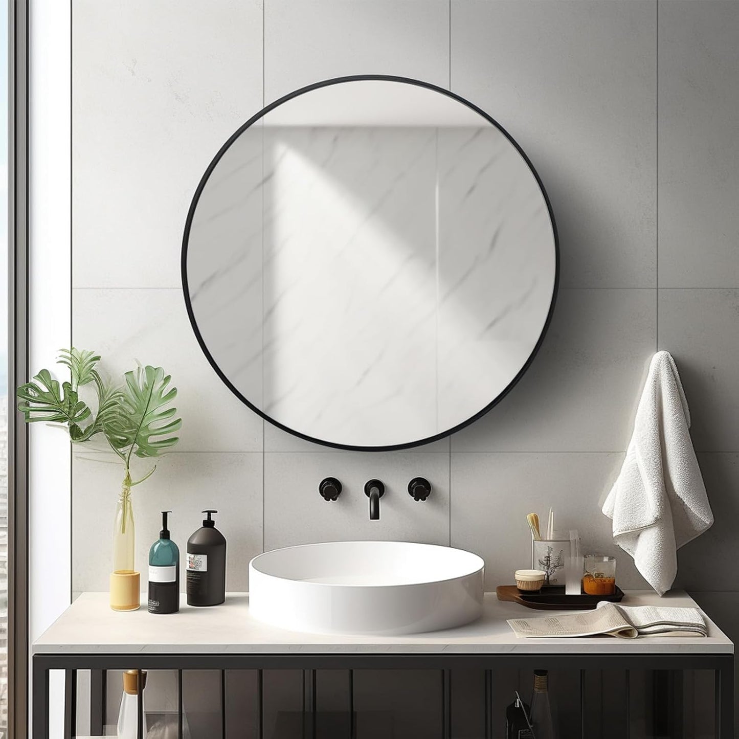 Sunniry Black Round Mirror, Round Mirror 24 inch, Black Circle Mirrors Matte Metal Frame, Wall Mounted Mirrors for Living Room, Bathroom, Wall, Entryway.