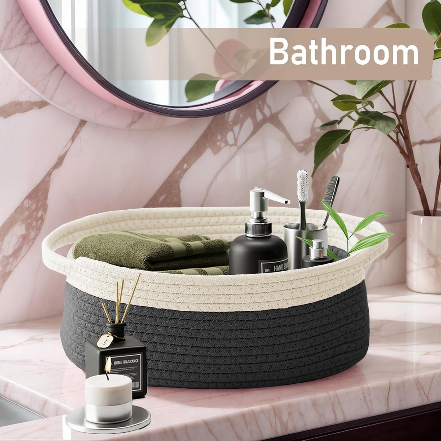 JMvicyroam Woven Basket,Small Rope Storage Bin with Handles & Ribbon Bag, Organizer for Shelves Closets,Gift Basket Empty for Birthday,Books,Dog Toys,White