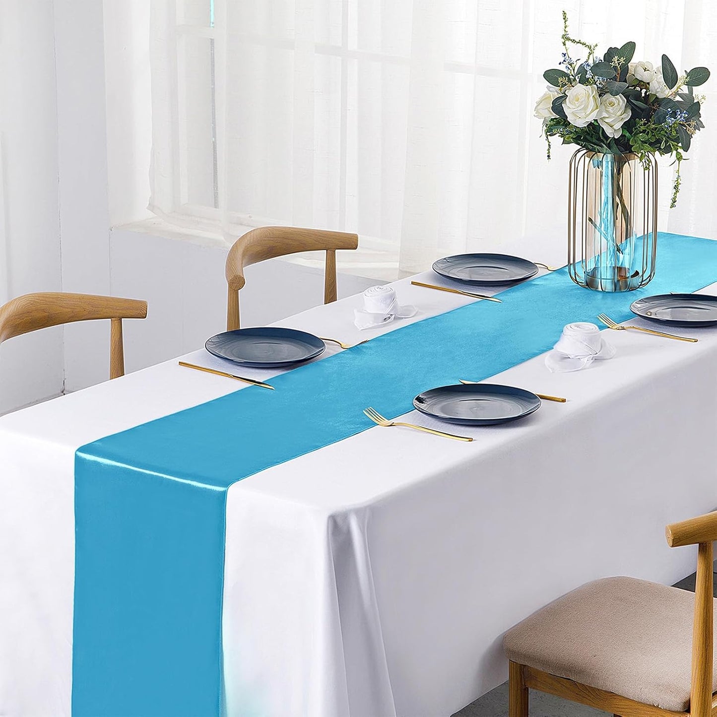 SiinvdaBZX 4 Pcs Royal Blue Satin Table Runner 12 x 108 inches Long, Bright Smooth Satin Wedding Table Runner Decorations for Birthday Parties, Buffet, Banquets, Graduations, Engagements
