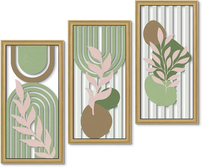 Putuo Decor Boho Abstract Wall Art, Set of 3, Modern Botanical Wooden Wall Decor, Blue Mid-Century Minimalist Framed Artwork for Living Room Bedroom, Office