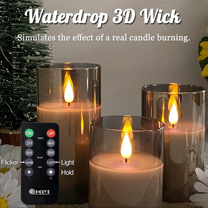 Rechargeable Flameless Glass Pillar Candles–Gifts for Women,–Set of 3, Realistic Flickering LED Light,Remote & Timer, Ideal for Living Room, Bedroom & Festival Wedding Home Party Decor