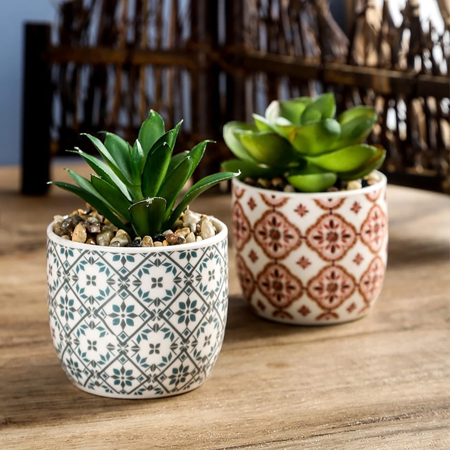 Artificial Plants Succulent Flowers in Ceramic Planter 2 Pack Small Fake Plants Potted for Home Office Desk Decor Farmhouse Living Room Bedroom Shelves Decoration