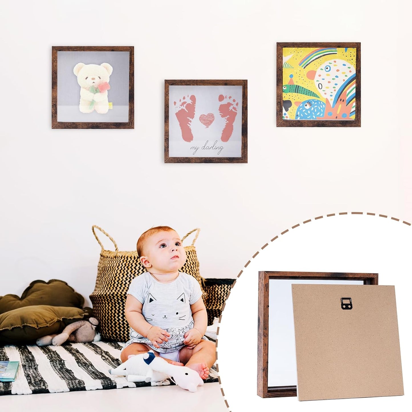 Muzilife 8x8 Shadow Box Picture Frame with Linen Board - Deep Wood & Glass Display Case Ready to Hang Memory Box Baby Sports Memorabilia, Pins, Awards, Medals, Wedding, Tickets and Photos (Black)