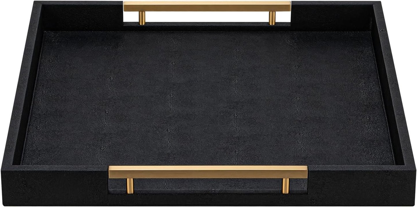 Beige Faux Leather Serving Tray with Handles – Large Decorative Tray for Coffee Table, Ottoman, Living Room, Bathroom – Home Decor