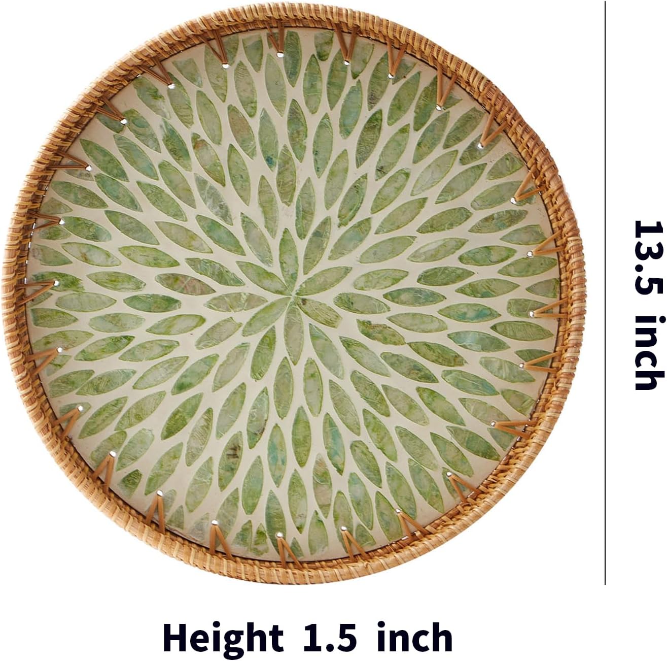 Round Rattan Tray with Mother of Pearl Inlay, Rattan Serving Tray with Wooden Base, Decorative Wicker Basket for Table Decor, Storage and Display of Coffee Bread Food Fruit (Leaf)