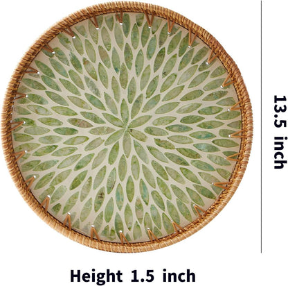 Round Rattan Tray with Mother of Pearl Inlay, Rattan Serving Tray with Wooden Base, Decorative Wicker Basket for Table Decor, Storage and Display of Coffee Bread Food Fruit (Leaf)