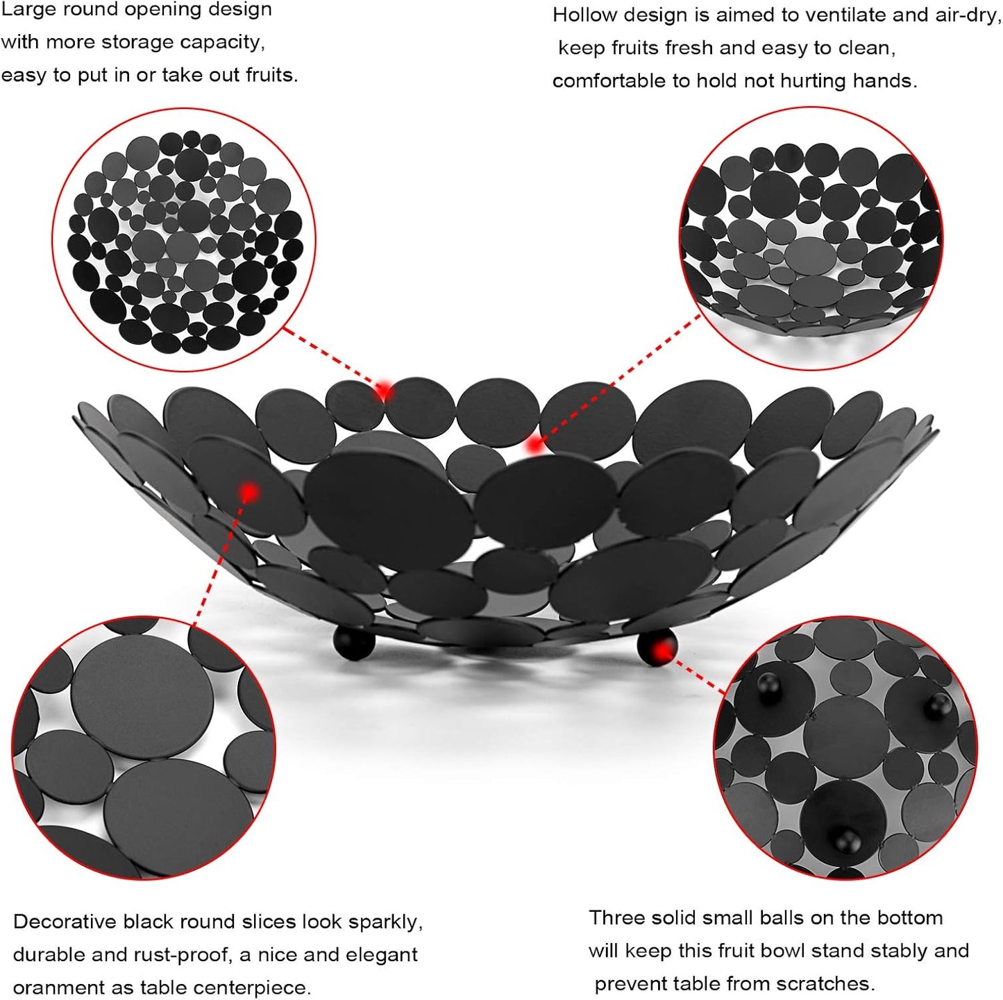 OwnMy Metal Fruit Bowl Basket Creative Table Centerpiece Fruit Stand Decorative Countertop Fruit Holder for Kitchen Counter, Iron Large Fruit Plate Round Storage Tray for Bread Snacks Candy (Black)