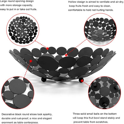 OwnMy Metal Fruit Bowl Basket Creative Table Centerpiece Fruit Stand Decorative Countertop Fruit Holder for Kitchen Counter, Iron Large Fruit Plate Round Storage Tray for Bread Snacks Candy (Black)