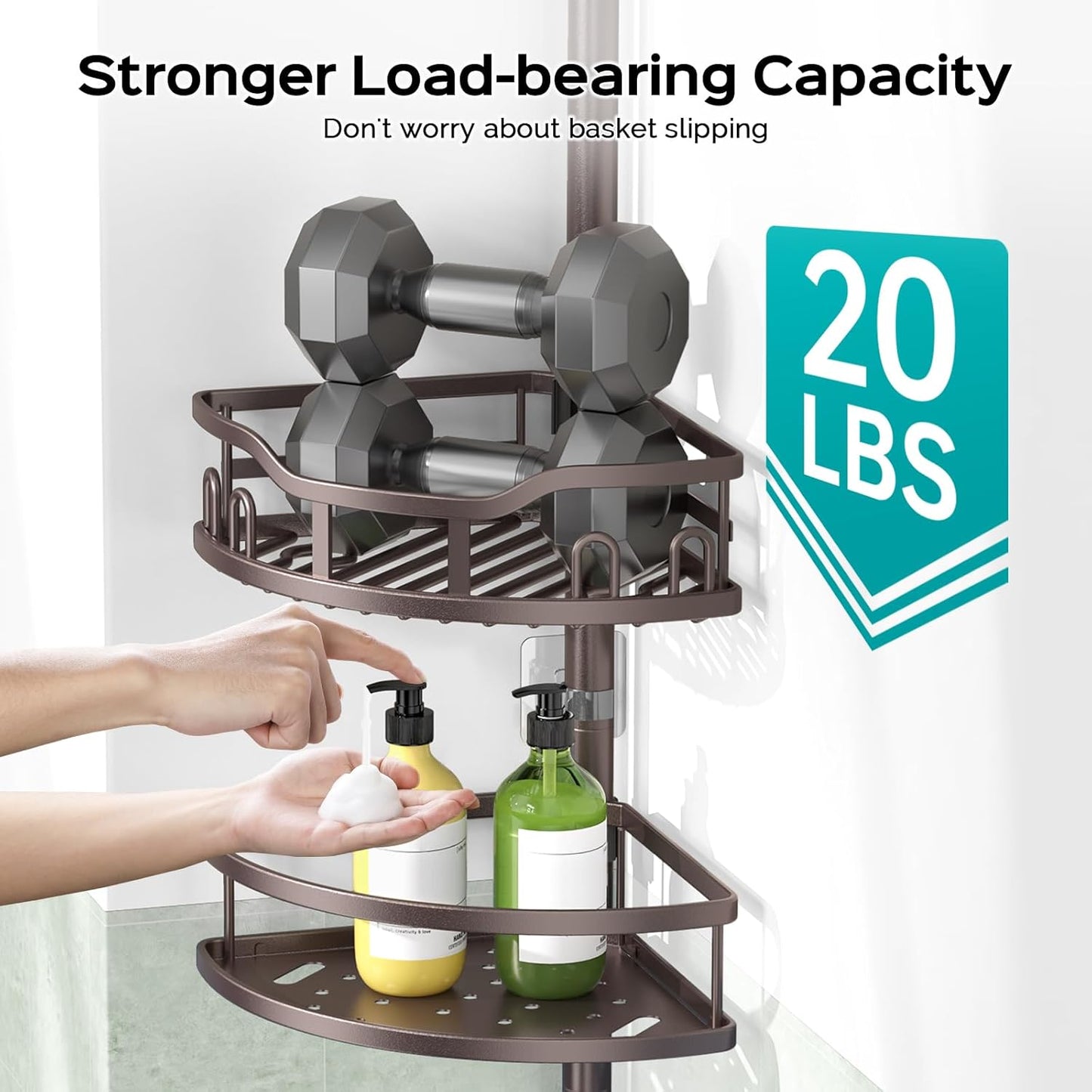 HAMITOR Corner Shower Caddy Tension Pole: Rustproof 4-Tier Bathroom Organizer Shelves for Bathtub Shampoo Storage - 47-121 Inch Quick Install Adjustable Rod Standing Rack with Soap Rack - Silver Gray