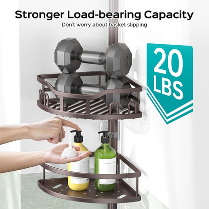 HAMITOR Corner Shower Caddy Tension Pole: Rustproof 4-Tier Bathroom Organizer Shelves for Bathtub Shampoo Storage - 47-121 Inch Quick Install Adjustable Rod Standing Rack with Soap Rack - Silver Gray