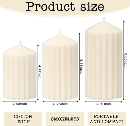 3 Pack White Ribbed Pillar Candles - Soy Wax Unscented, 2.76" x4.2/4.9/5.9 in Smokeless Non Toxic Cotton Wick, Aesthetic Modern Candles for Home Decor, Dinner Table, Living Room, Housewarming Gift