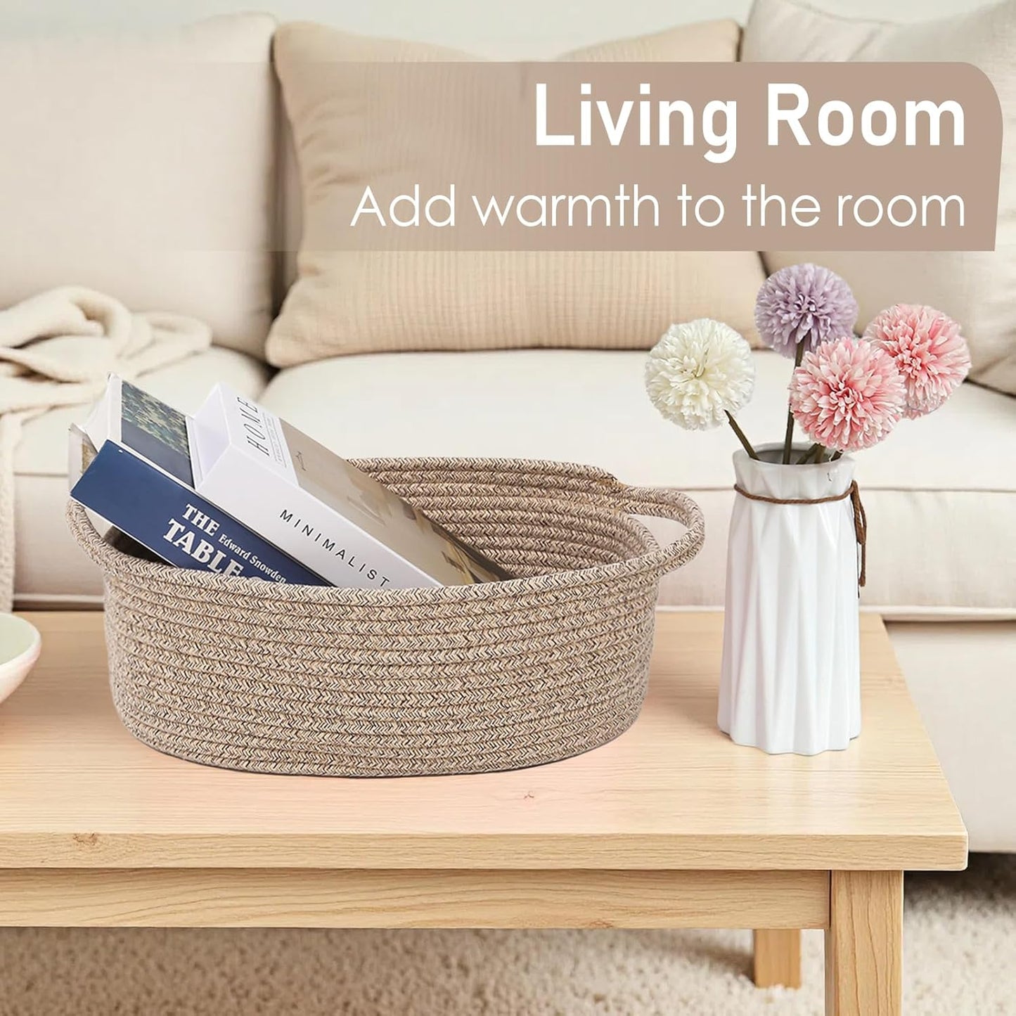 JMvicyroam Woven Basket,Small Rope Storage Bin with Handles & Ribbon Bag, Organizer for Shelves Closets,Gift Basket Empty for Birthday,Books,Dog Toys,White