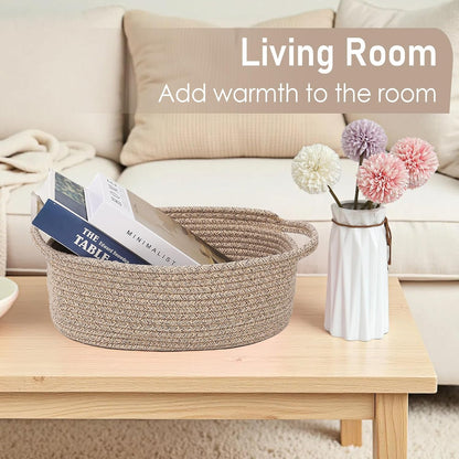 JMvicyroam Woven Basket,Small Rope Storage Bin with Handles & Ribbon Bag, Organizer for Shelves Closets,Gift Basket Empty for Birthday,Books,Dog Toys,White