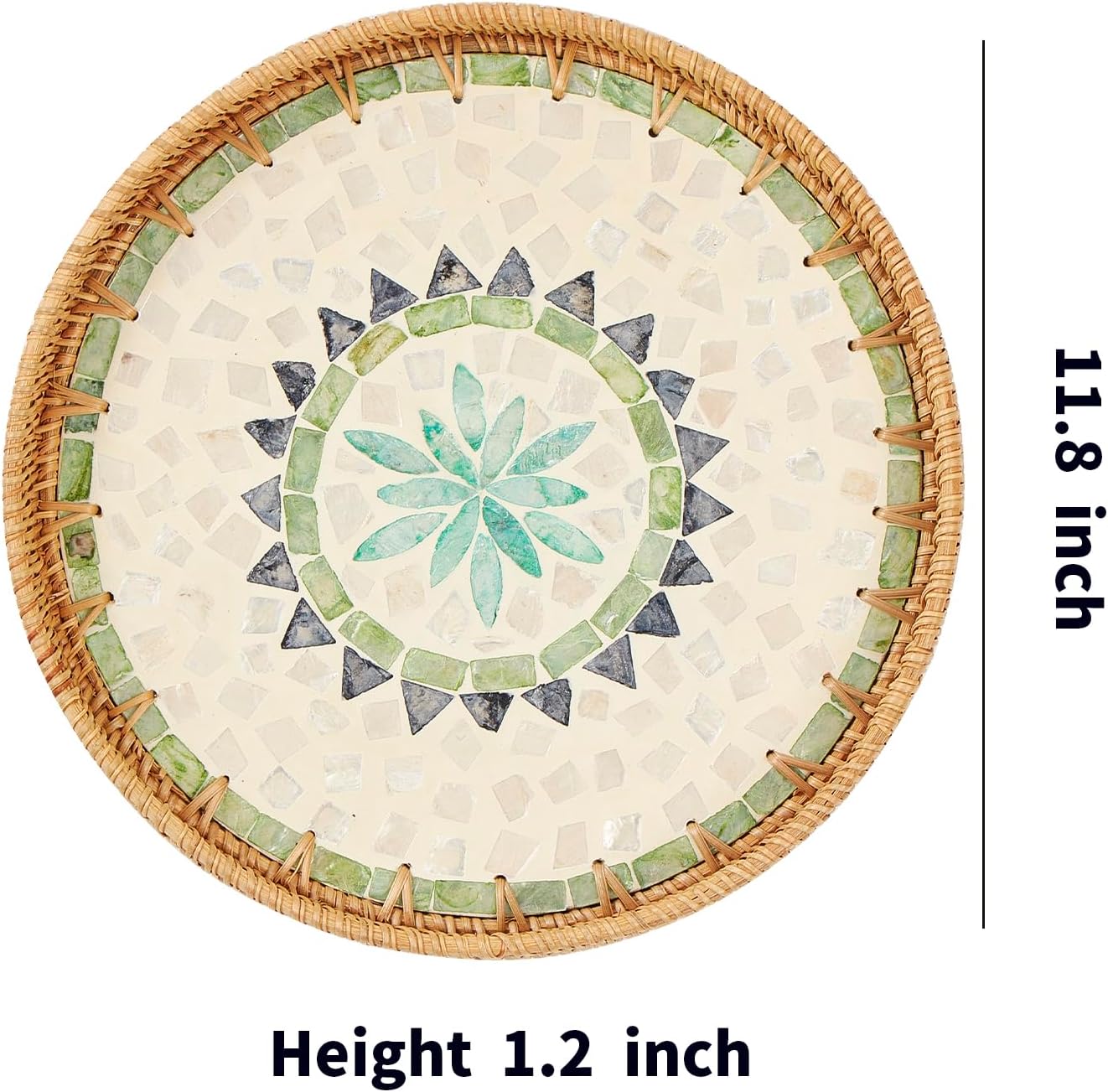 Round Rattan Tray with Mother of Pearl Inlay, Rattan Serving Tray with Wooden Base, Decorative Wicker Basket for Table Decor, Storage and Display of Coffee Bread Food Fruit (Leaf)