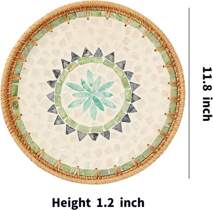 Round Rattan Tray with Mother of Pearl Inlay, Rattan Serving Tray with Wooden Base, Decorative Wicker Basket for Table Decor, Storage and Display of Coffee Bread Food Fruit (Leaf)