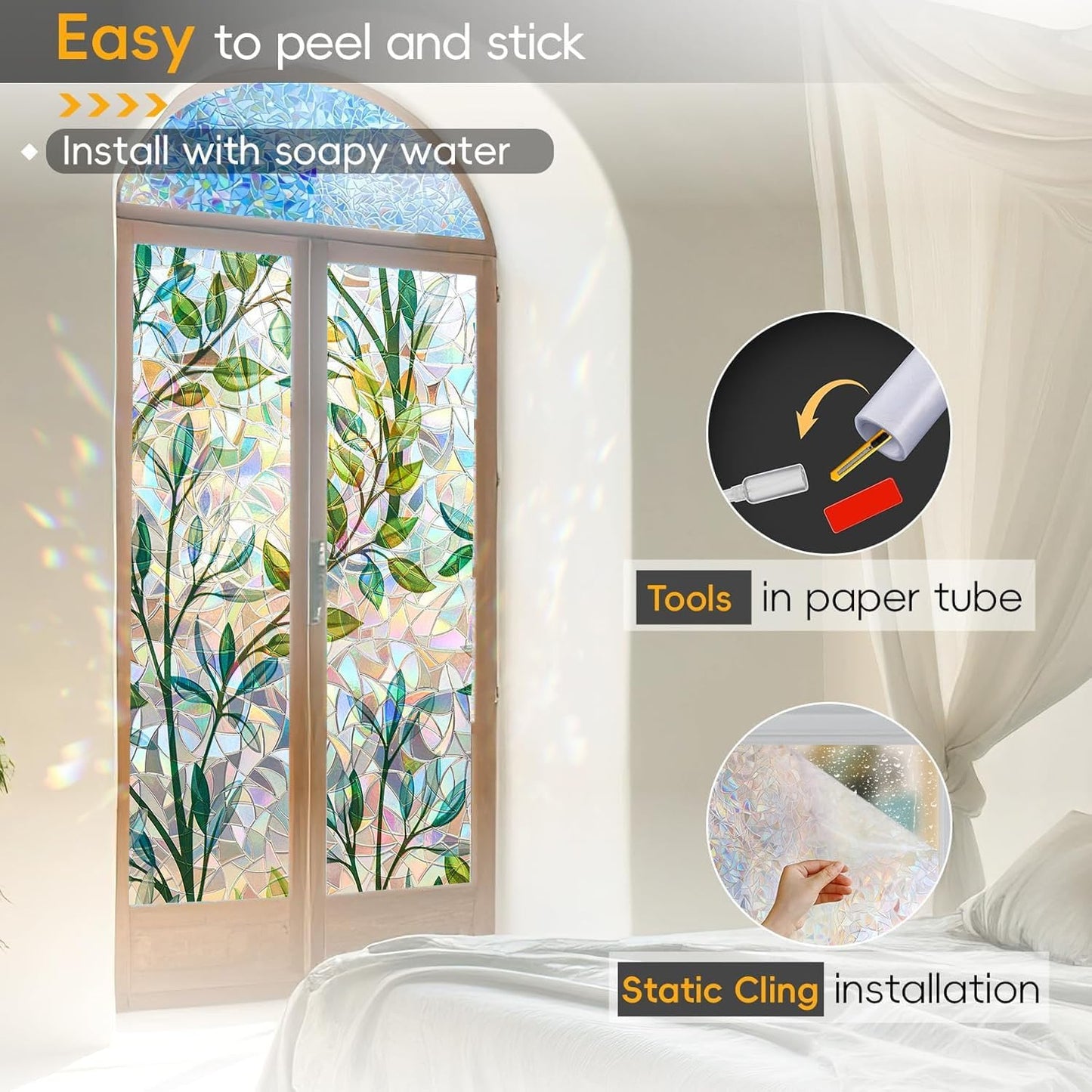 Dwersty Rainbow Window Privacy Film with Cutting Reference Line, 3D Decals Stained Glass Clings, Static Cling Sticker, Suncatcher Windows Cover Tint for Home, 17.5 Inch x 78.74 Inch