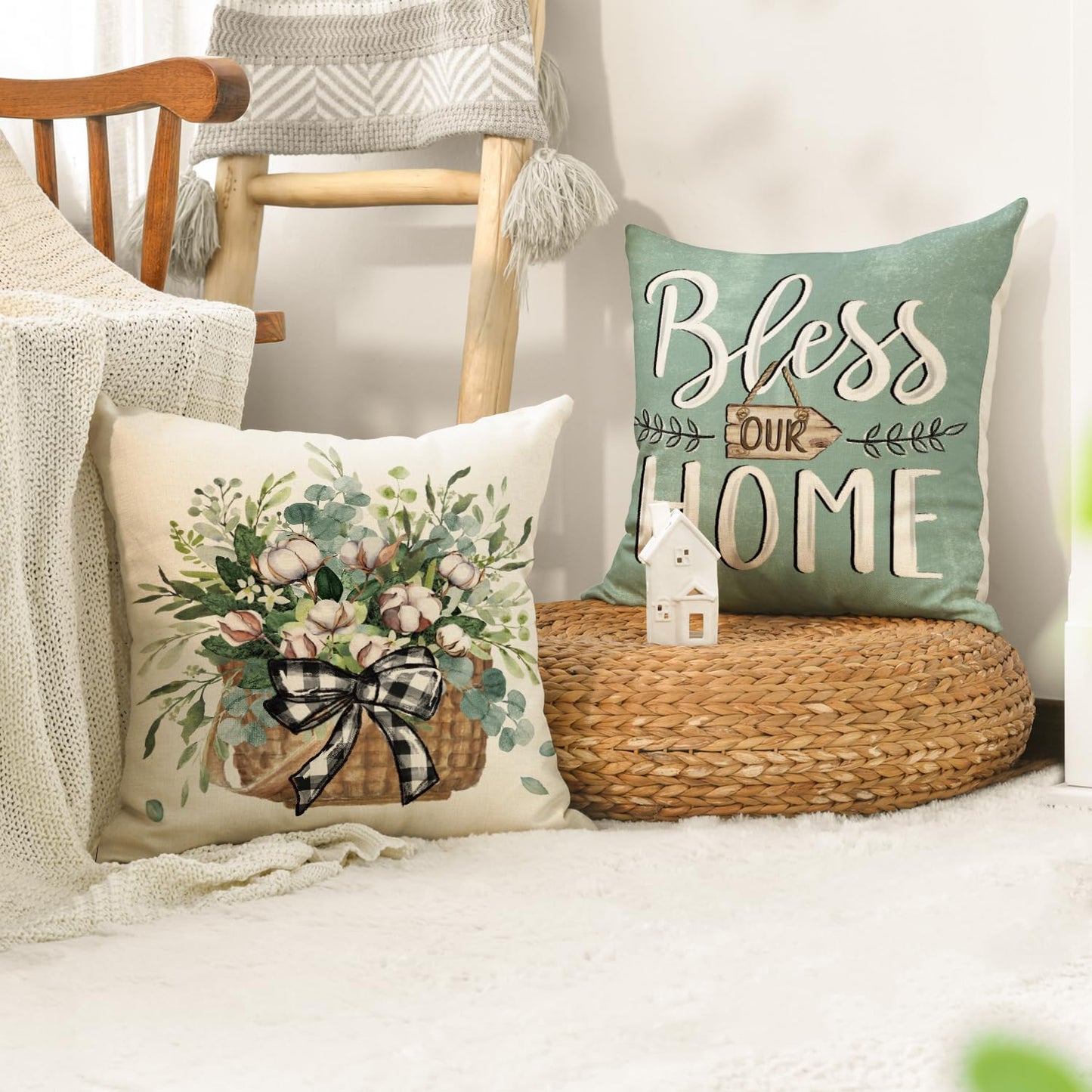 AVOIN colorlife Bless Our Home Farmhouse Eucalyptus Leaves Throw Pillow Covers, 18 x 18 Inch Truck Home Sweet Home Cushion Case Decorations Set of 4