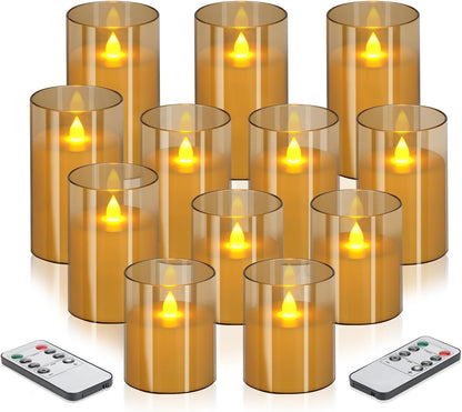 wemarry Flameless Candles 4" 5" 6" Acrylic Glass Pillars 3" Diameter Battery Operated Flickering Candles Include 8-Key Remote with Timer Function 400+ Hours (Gray, Warm Light 3 Pack)