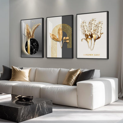 Framed Modern Luxury Gold Wall Art, Set of 3 Piece Contemporary Paintings Artwork for Walls, Golden Prints Pictures with Gold Frame, Wall Decor for Living Room, Hallway, Bedroom, Office 16x24 Inch