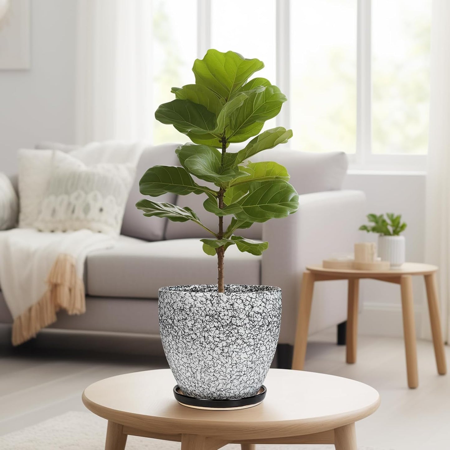 10 Inch Ceramic Planter Pot Round Plant Pot for Indoor Plants Outdoor Large Flower Pot with Drainage Hole and Saucer Blue
