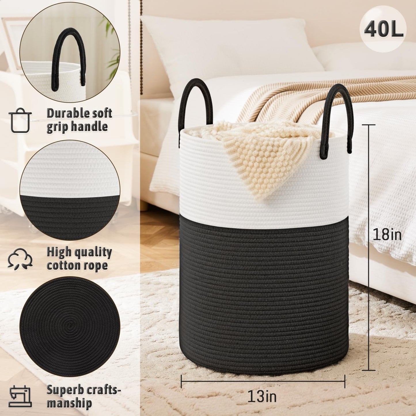 Artfeel Laundry Basket,Woven Cotton Rope Laundry Hamper,60L for Decor Storage of Dirty Clothes,Toys and Blankets in Bathroom,Baby Room and Living Room