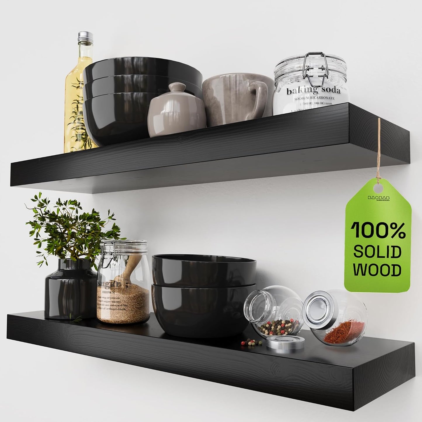 BAOBAB WORKSHOP Wood Floating Shelves for Wall Mounted, 16 inch Walnut Floating Shelf for Bathroom, Solid Wooden Wall Shelves for Kitchen Bedroom Farmhouse, Walnut Finish, 16 x 6.7, Set of 2