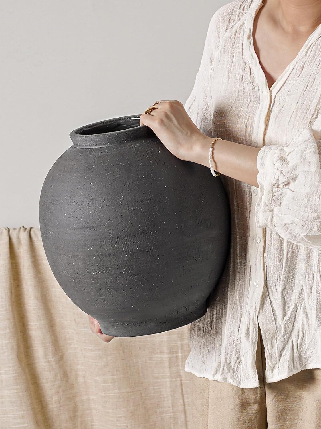 Large White Ceramic Vase - 9.8 Inch Rustic Farmhouse Flower Vase for Home Decor, Minimalist Tall Vases for Living Room, Table, Bathroom, Holiday & Weddings (Sandstone White)