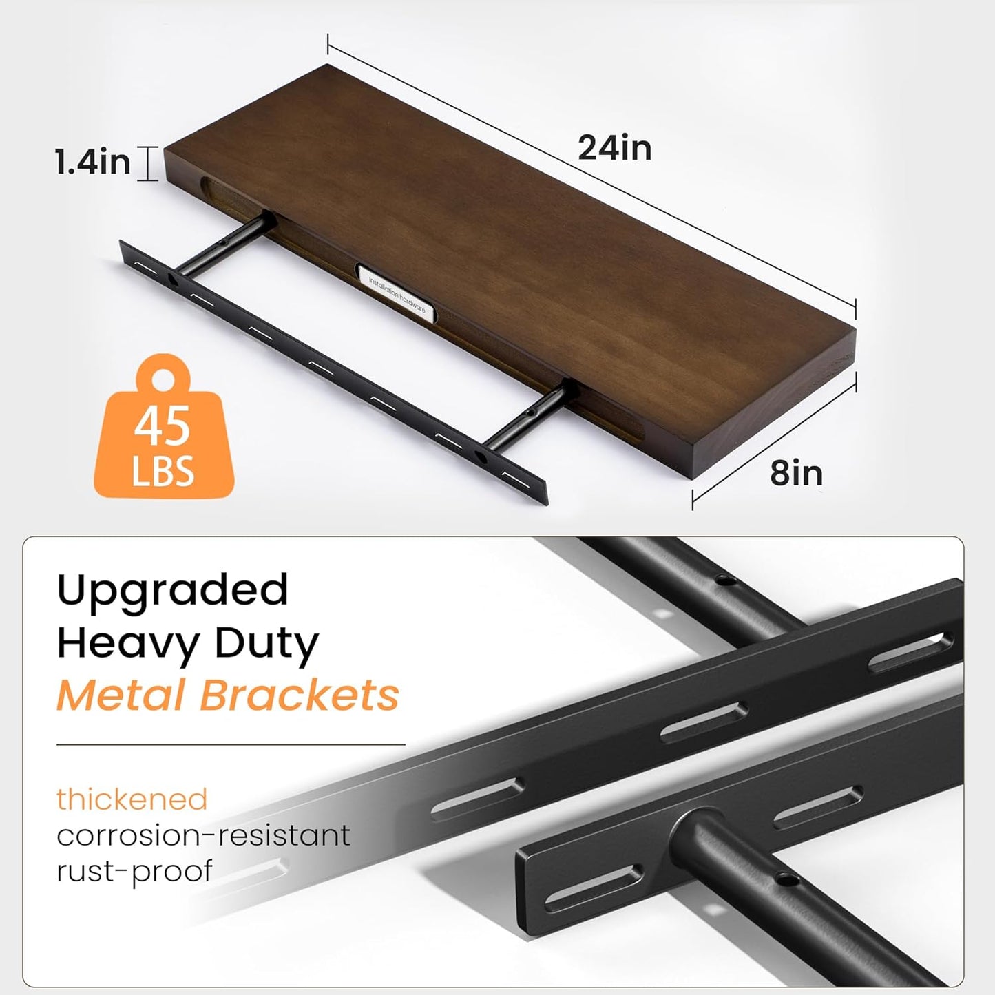 Floating Shelves 36 Inches Long - 8 Inch Deep Rustic Premium Solid Pine Wood for Storage - Farmhouse Wall Mounted for Living Room - Heavy-Duty Metal Bracket - 36" W x 8" D - Set of 2 - White Color