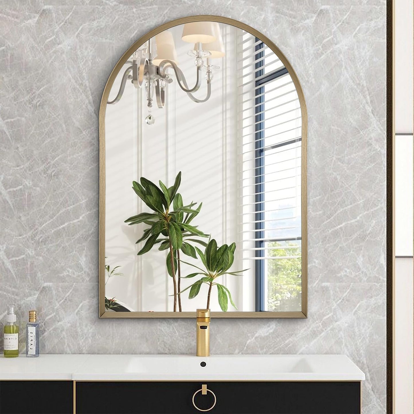 Black Arched Mirror, Modern Bathroom Wall Mirror Aluminum Alloy Framed Mirror Brushed Metal Vanity Wall Mounted Mirror for Livingroom Bedroom Entryway Room 16"x12"