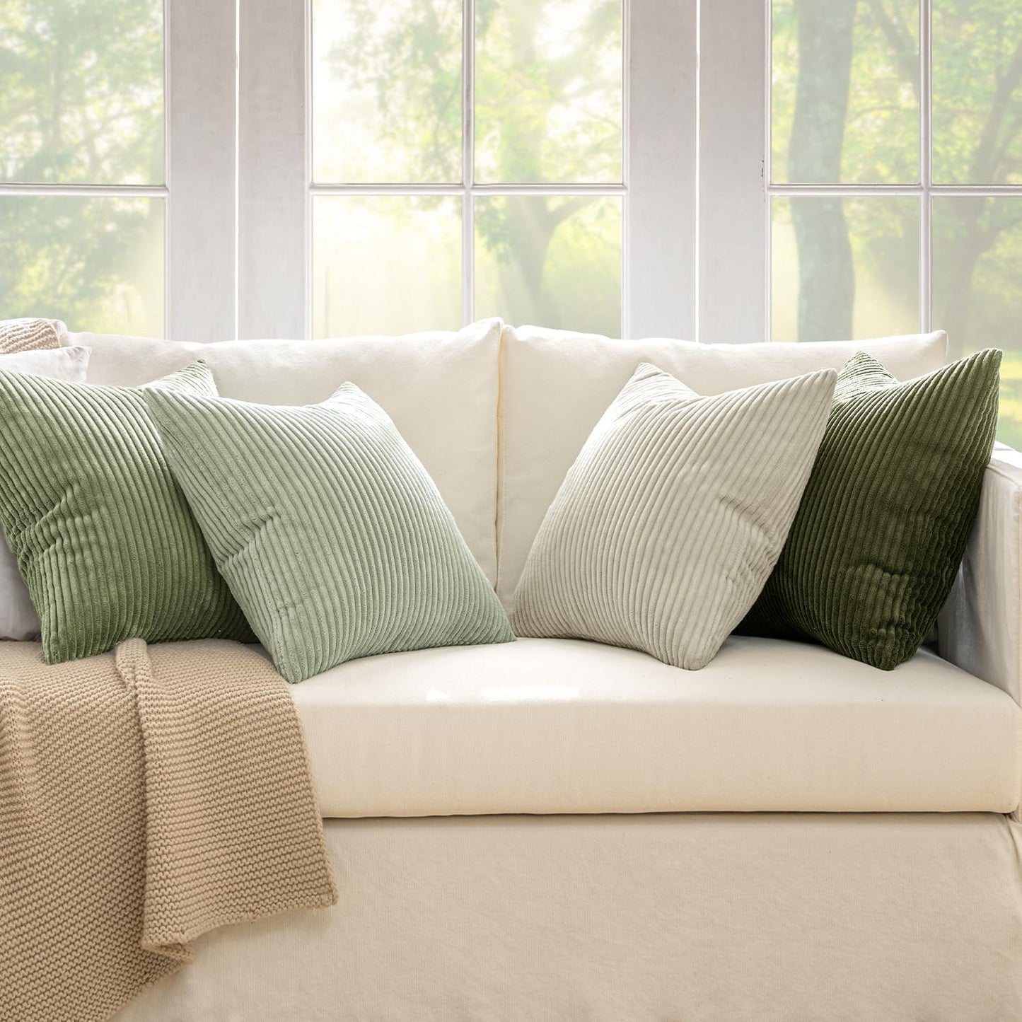 MIULEE Boho Farmhouse Sage Green Throw Pillow Covers 18x18 Inch Set of 4 Mordern Nordic Cushion Covers Soft Corduroy Spring Home Decor for Couch Bed Sofa Living Room Forest Green