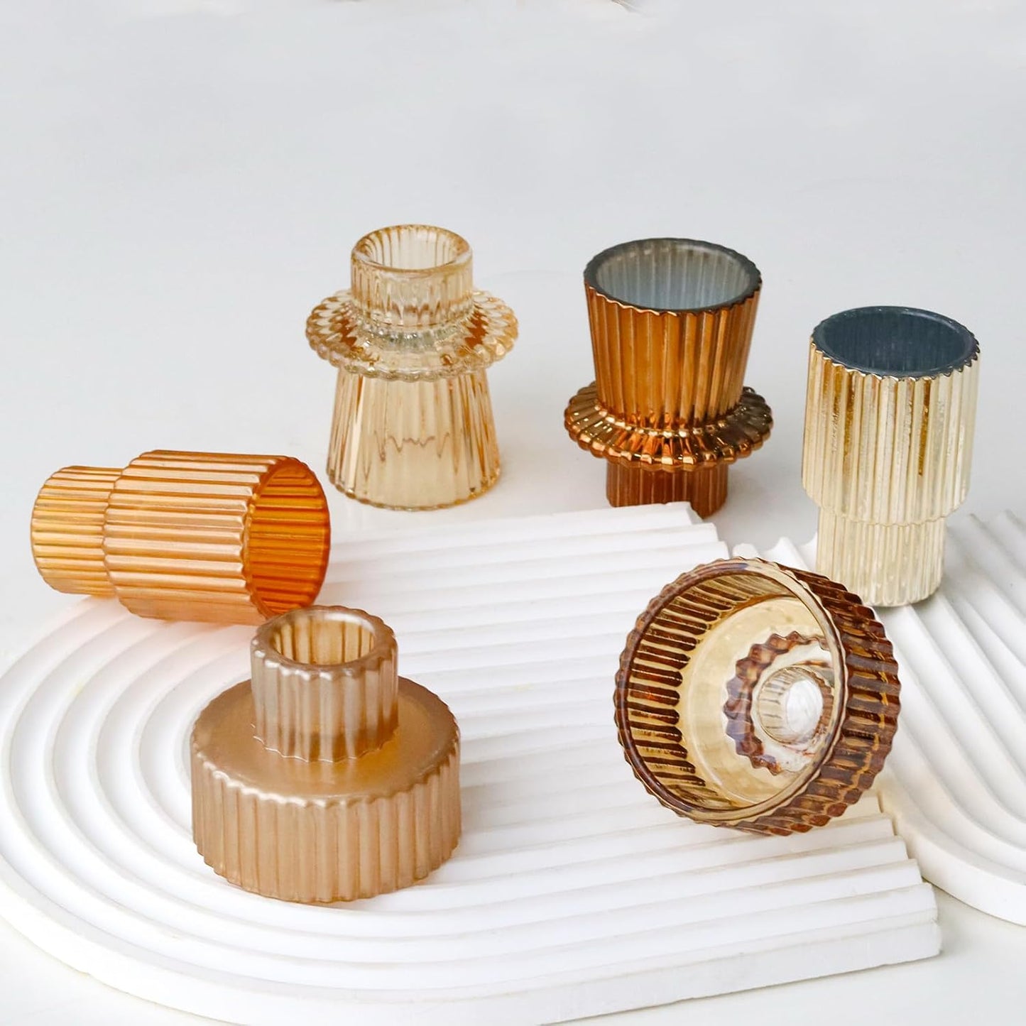 Brown Candlestick Holders 12PCS Ribbed Glass Taper Candle Holders Set for Tealight Candlestick Candles, Table Centerpieces for Thanksgiving Christmas Farmhouse Decor Indoor and Outdoor