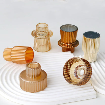 Brown Candlestick Holders 12PCS Ribbed Glass Taper Candle Holders Set for Tealight Candlestick Candles, Table Centerpieces for Thanksgiving Christmas Farmhouse Decor Indoor and Outdoor