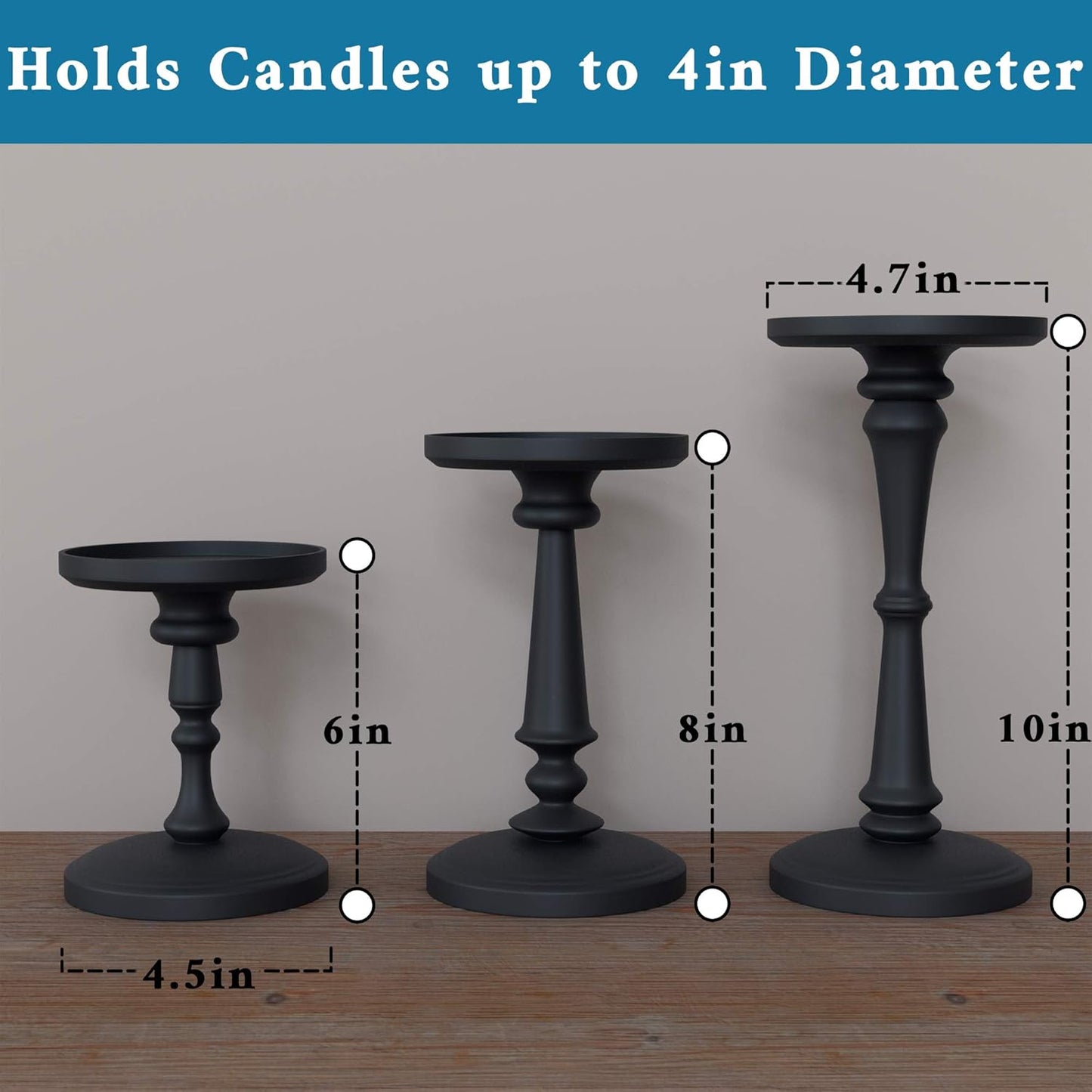 Matte Black Candle Holders Set of 3 - Metal Candle Holders for Pillar Candles & LED Flameless Candles - 6, 8 & 10 Inch Tall - Decorative for Table, Fireplace & More - Pillar Candles Holders Sets of 3
