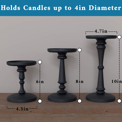 Matte Black Candle Holders Set of 3 - Metal Candle Holders for Pillar Candles & LED Flameless Candles - 6, 8 & 10 Inch Tall - Decorative for Table, Fireplace & More - Pillar Candles Holders Sets of 3