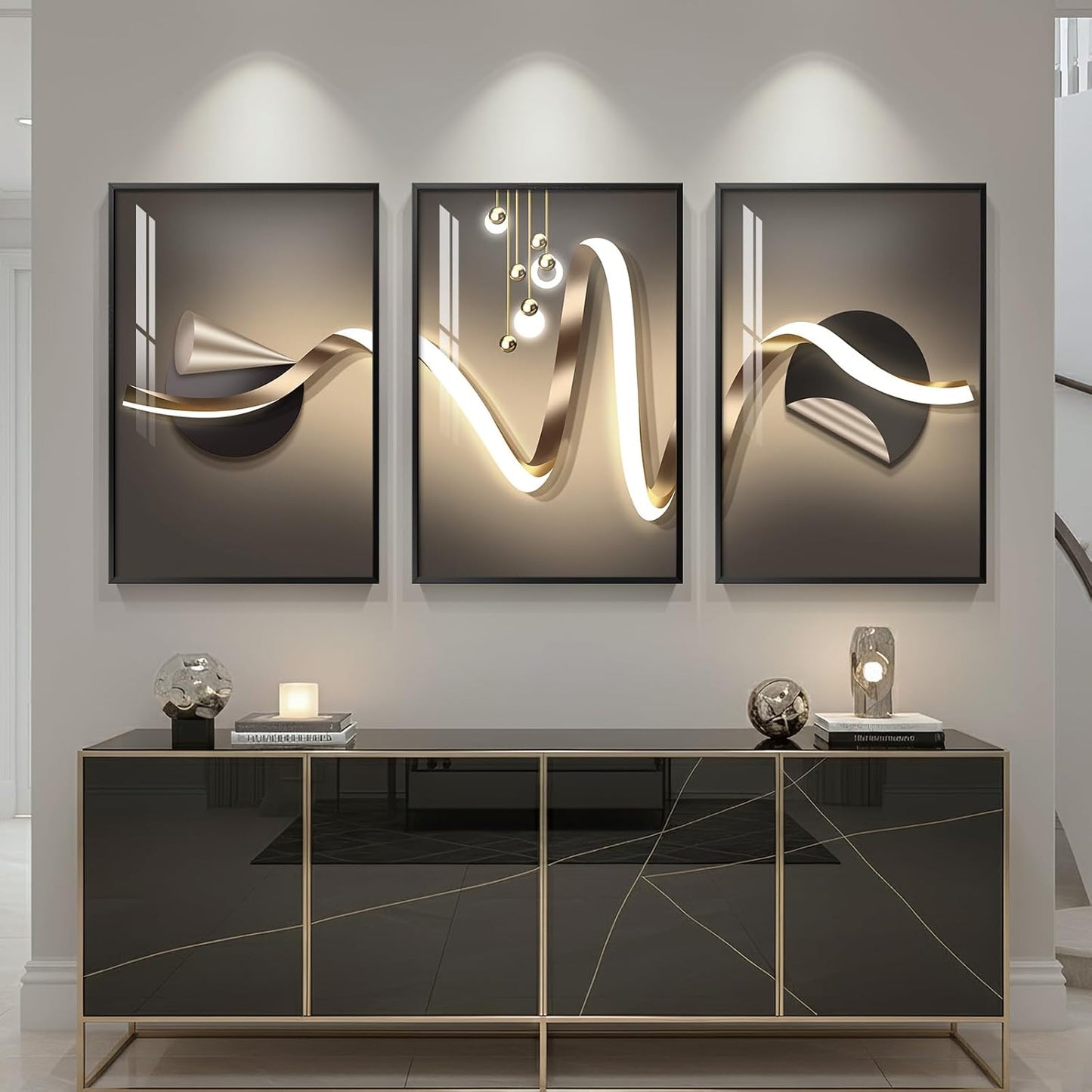 Framed Modern Luxury Gold Wall Art, Set of 3 Piece Contemporary Paintings Artwork for Walls, Golden Prints Pictures with Gold Frame, Wall Decor for Living Room, Hallway, Bedroom, Office 16x24 Inch
