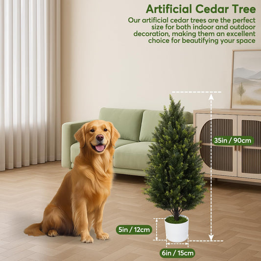2 Pack 4Ft Artificial Cedar Topiary Trees, Faux Pine Cypress Plants, UV Resistant Fake Cypress Shrubs with Pots, Realistic Evergreen Bushes for Front Porch Indoor Outdoor Garden Decor